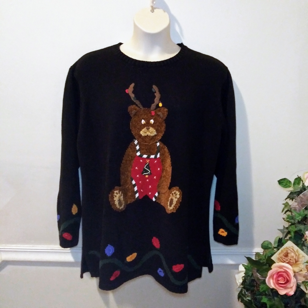 Quacker Factory Black/Multi Reindeer Teddy Bear & Christmas Lights Tunic Sweater - Picture 12 of 12